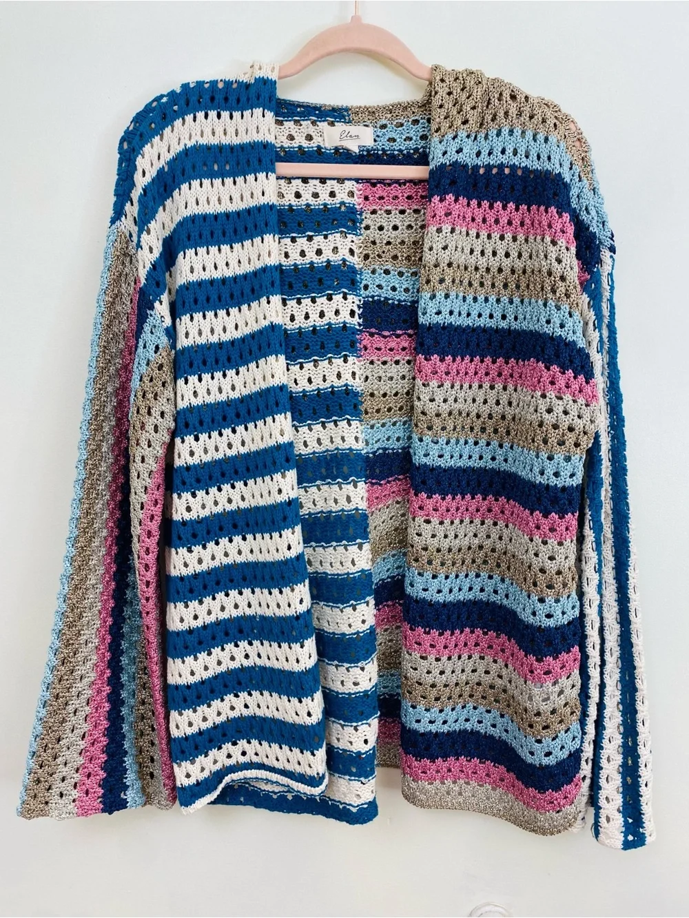 Elan Crochet Sweater Cardigan Sz L Metallic Hooded Hippie Boho Open Front Cozy